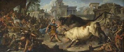 Jason taming the bulls of Aeetes oil painting by Jean Francois de Troy depicting the classical Greek hero Jason during one of his challenges during hi, Jean-Francois De Troy